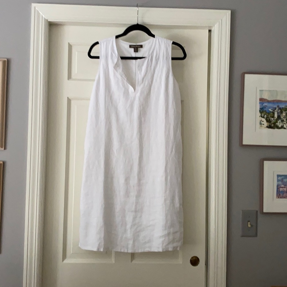 White linen shift dress.